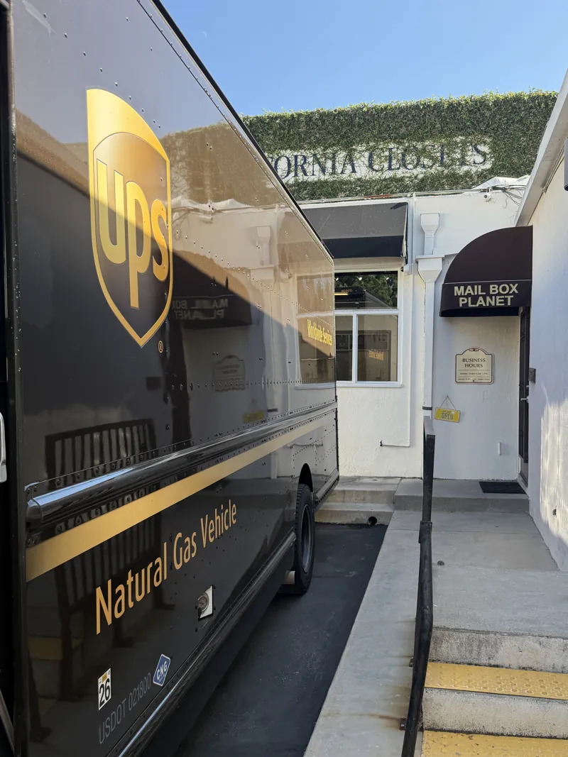 Shipping pickup at the rear entrance of Mailbox Planet